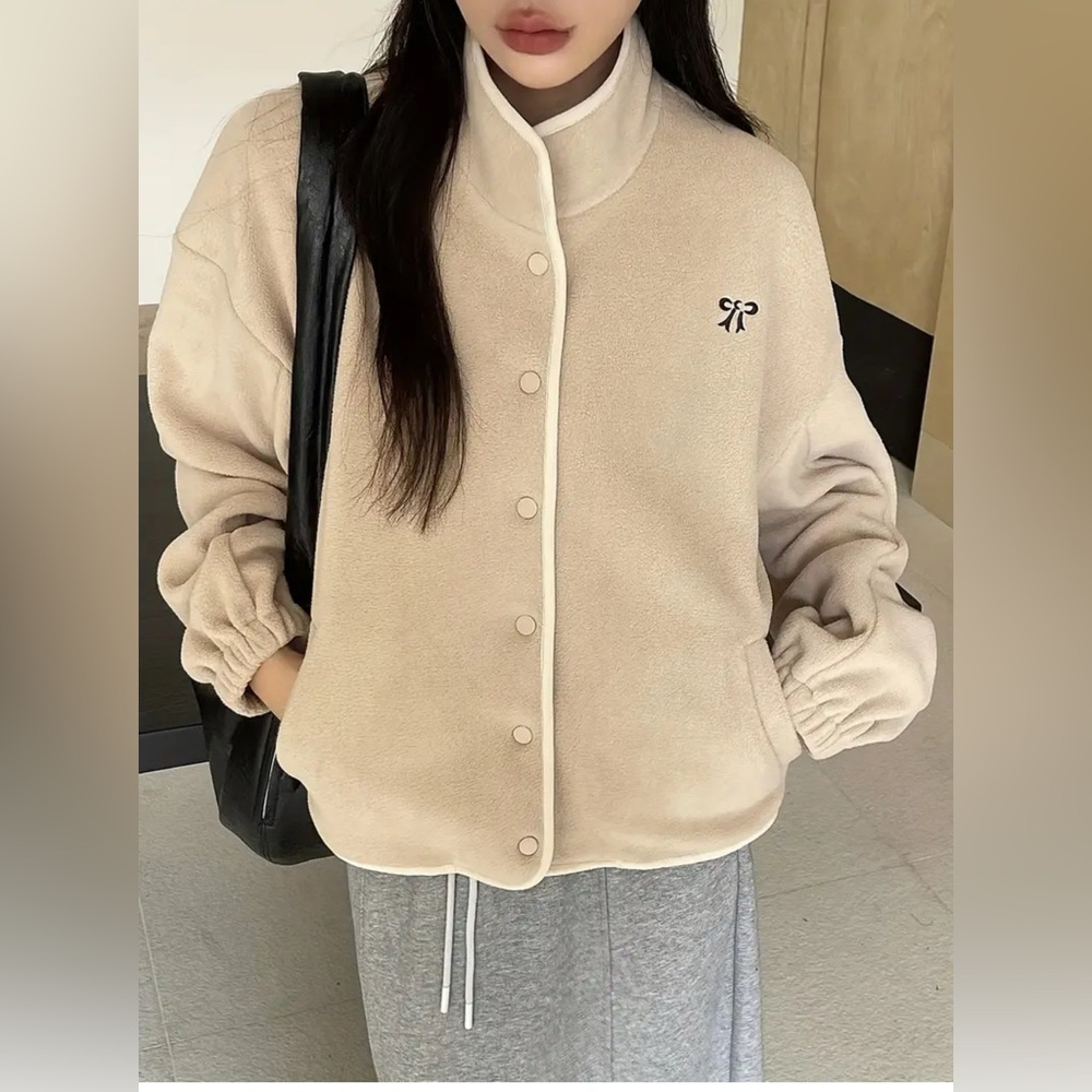 Beige Fleece Jacket with Bow Embroidery